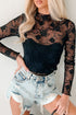 Sheer Floral Lace Mesh Mock Neck Elegant Long Sleeve Fitted Top